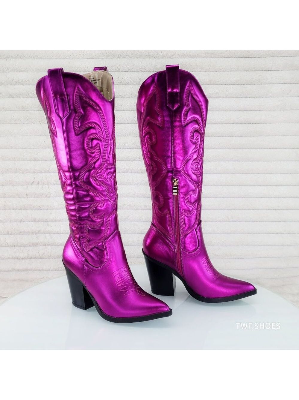 Electric Cowboy Brush Metallic Matte Western Knee High Cowgirl Boots Hot Pink